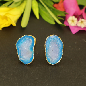 Goran Vogue Vintage Style Purple Geode Druzy Gemstone Geometric Trendy 24K Gold Plated <b>Brass</b> Women's Engagement Stud Earrings - Product Image 1