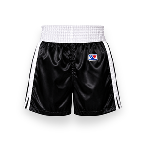 Shorts de boxe personnalisables en satin noir 100 % polyester, séchage rapide, unisexe, pour adultes, vêtements d'arts martiaux, logo frontal, coupe ample - Product Image 1