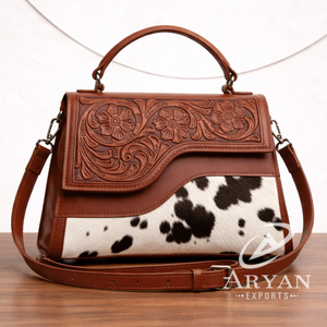 Western Tooled Genuine Leather Handbag for Women Hairon Cowhide Crossbody Bag Handmade Floral Leather Top Handle Purse - Product Image 1