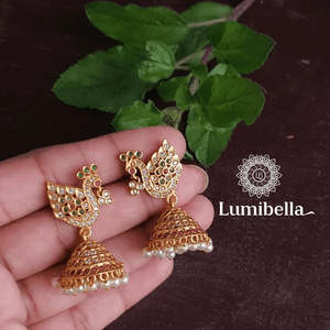 Bohemian Gold Plated Drop Earrings with Pearl and Diamond Accents - Product Image 1