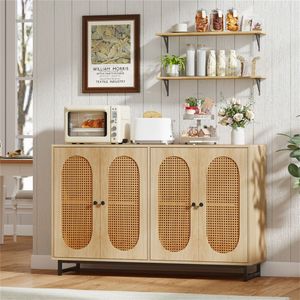 Aparador Buffet Grande de Ratán Natural de 50 Pulgadas con Diseño de 4 Puertas y Estantes Extraíbles y Ajustables - Product Image 4