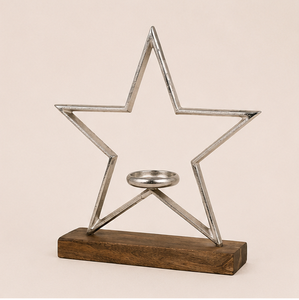 Handmade Decorative Metal Star Candle Holder On Solid Mango Wood Base Modern Silver Aluminum Star Tealight <b>Stand</b> For Rustic Home - Product Image 1