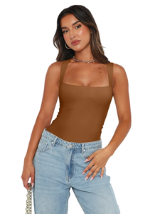 FANSTON Women's Slim-fit Square Collar Short Sleeve Anti-Pilling Elegant Knitted <b>Camisole</b> in Polyester Spandex Dobby Fabric - Product Image 6