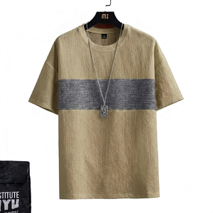 2026 customized Men <b>khaki</b> with Grey Chest printed Stripe drop shoulder Casual loose fit Fashionable Summer trendy <b>top</b> apparel - Product Image 1