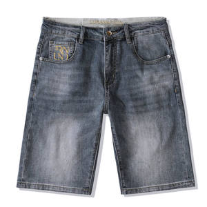 <b>Mens</b> Denim Shorts Medium Blue Vintage Wash Gold Embroidery Straight Leg Casual Summer Apparel Retro Streetwear Bottoms - Product Image 5