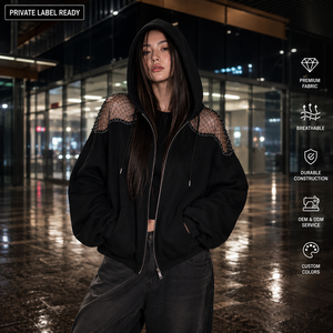 Custom Mesh Panel <b>Zip</b> <b>Up</b> Hoodie OEM ODM Private Label Womens <b>Cropped</b> Streetwear Hoodie Wholesale Manufacturer - Product Image 5