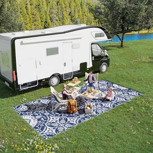 Tappeto da esterno per patio camper 18 piedi blu e bianco con borsa, in fibra riciclata a pelo riccio, per interni/esterni, sala da pranzo - Product Image 2