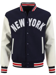 Veste universitaire New York de haute qualité 100% coton pour homme, bleu marine, manches blanches, lettrage brodé, décontractée, écologique, respirante - Product Image 2