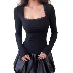 Solid Square Neck <b>Lace</b> Full Sleeve Regular Fit Casual Ribbed <b>Tops</b> for Women - Product Image 1