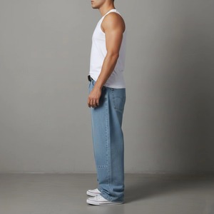 <b>Men's</b> Light Blue Wide Leg <b>Jeans</b> With Logo On Right Leg Mid Waist Button Fly Casual Style Stonewashed Cotton Pants - Product Image 3