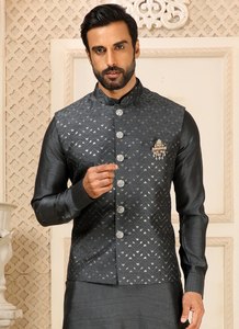 Mens Roman Silk Kurta <b>Pant</b> Ensemble With <b>Sequin</b> Embroidered Waistcoat Jacket For Wedding Festive And Traditional Occasions - Product Image 4