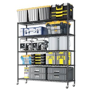 Espositore Regolabile con Ruote in Ferro 117*45*185cm, Verniciato a Polvere Nero per Scaffali da Garage - Product Image 1