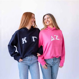 Delta | Phi Embroidered Hoodie <b>Pink</b> Fleece Unisex Casual Tackle Twill <b>Sweatshirt</b> Front Logo Oversized Fit Autumn Wear - Product Image 5