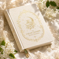 Cuaderno LABON Cream Jasmine Moon Journal con cubierta de PU y estampado dorado celestial, con puntos, logotipo personalizado, venta al por mayor, regalo estético a medida.
