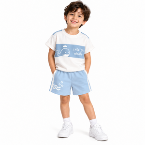 Kids Boys Jersey Cartoon Whale Graphic T-Shirt Shorts Set Summer Casual Two-Piece Outfit Short Sleeve Crew Neck 2-7 <b>Years</b> - Product Image 1