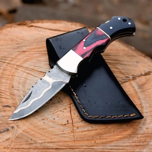 Cuchillo Plegable Damasco Hecho a Mano con Mango de Resina Roja, Cuchillo de Bolsillo EDC Recto ODM, Funda de Cuero, Cuchillo de Caza para Exteriores TARJ ENTERPRISES - Product Image 1