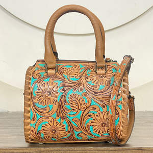 Bolso de Mano Pequeño de Cuero Repujado Estilo Western, Bolso Tipo Barril de Piel Vacuna Genuina, Bolsos de Viaje y de Mano para Mujer, para Uso Diario - Product Image 6