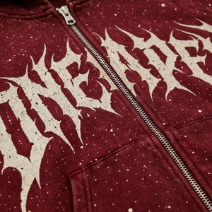 Sudadera con capucha y cremallera para hombre, color burdeos, con lavado ácido, estampado gráfico de estrellas, estilo oversize, ropa urbana, fabricante de ropa personalizada - Product Image 6