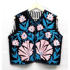 <b>Women's</b> Short Vintage Cotton Corduroy Vest Hand Embroidered Floral <b>Waistcoat</b> Eco-Friendly Breathable Autumn Wear - Product Image 1