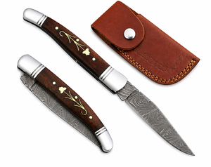 Cuchillo LAGUIOLE de Acero de Damasco con Mango de Madera, Hoja de Punta Caída y Funda de Cuero Personalizada - Product Image 2