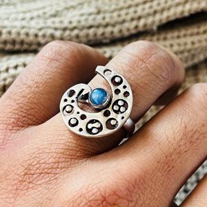 Celestial <b>Moon</b> <b>Ring</b> Boho Brass <b>Ring</b> Women Silver Plated Kyanite Design Tribal Crescent Jewelry - Product Image 1