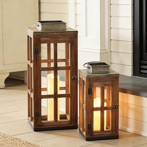 Outdoor Wooden <b>Lantern</b> <b>Set</b> Decorative Candle Holder <b>Lantern</b> with Glass Panels Rustic Garden and Patio Decor - Product Image 1