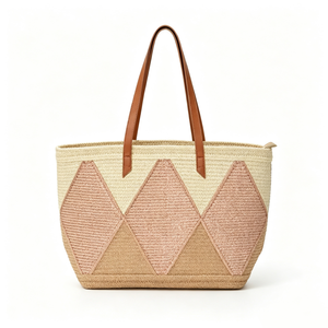 Customized Diamond patchwork woven tote <b>bag</b>, neutral‑pink geometric straw shopper,multi‑tone woven <b>basket</b> tote with faux‑leather - Product Image 1