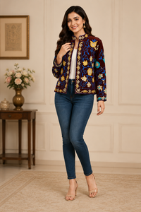 Elegant Embroidered Velvet Jacket With Mandarin Collar Floral Pattern Autumn Women's Short Coat Full Sleeve Polyester <b>Material</b> - Product Image 2