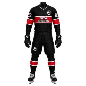 Black <b>Red</b> White Ice Hockey Set for Men Complete Jersey Shorts Socks Gloves Athletic Team Training Match Sports Uniform - Product Image 1