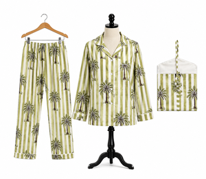 Ensemble de pyjama long en coton imprimé palmiers et rayures olive de qualité supérieure pour femme – Vêtement de nuit décontracté fait main, un chef-d'œuvre, idéal comme cadeau - Product Image 1