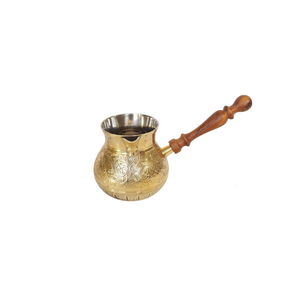 Handmade Engraved Brass Turkish <b>Coffee</b> Pot With Wooden Handle Traditional Gold Floral Handcrafted Cezve Ibrik For Stovetop - Product Image 1