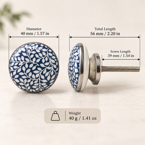 SHUBHAM Blue White Ceramic Cabinet <b>Knob</b> with Botanical Leaf Design <b>Silver</b> Metal Base Decorative <b>Drawer</b> Dresser Wardrobe - Product Image 6