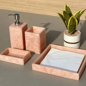 Marble Pattern Resin Bathroom Accessories Set Soap Dispenser Lotion Bottle Toothbrush Holder Soap Dish <b>Vanity</b> Tray Bath Decor - Product Image 6