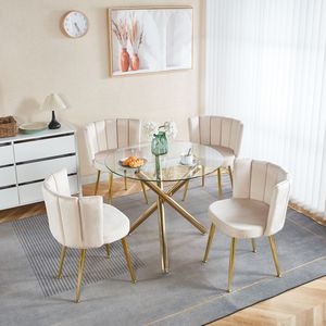 Set da Pranzo Mid-Century 1+4,5 Pezzi con Tavolo con Gambe in Metallo per 4-6 Persone, Piano in Vetro, Tavolo da Pranzo con Base a Piedistallo per Sala da Pranzo - Product Image 1
