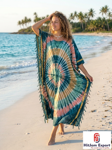 Vestido Kaftán Boho Tie Dye Personalizado para Mujer, Cuello en V, Largo hasta el Suelo, Traje de Playa, Ropa de Verano para Resort, Fabricante y Proveedor OEM ODM - Product Image 2