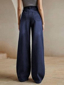 Jeans de Mezclilla de Pierna Ancha para Mujer, Corte Regular Relajado, 100% Algodón, Pantalones Casuales de Longitud Completa, Azul Oscuro, con Cinturón de Botones, Estilo Verano-Otoño - Product Image 5
