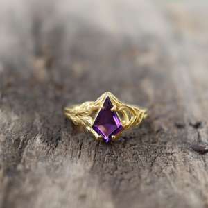 Anillo de Compromiso con Amatista Corte Cometa, Anillo de Boda con Amatista Púrpura, Plata de Ley 925, Chapado en Oro de 14k, Certificado IGI, Estilo Art Deco, Natural - Product Image 1