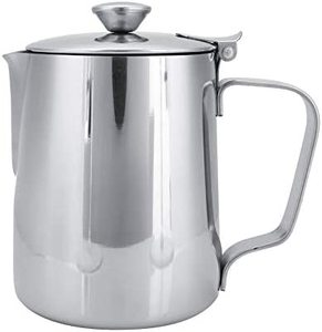 Jarra de acero inoxidable superventas para espumar leche con tapa y asa, ideal para arte de café con leche en oficina y cocina. - Product Image 1