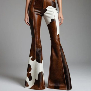 High Waisted <b>Flare</b> Pants <b>Cow</b> <b>Print</b> Spliced Leather Look Casual Autumn Style Button Fly Midweight Woven Fabric - Product Image 5