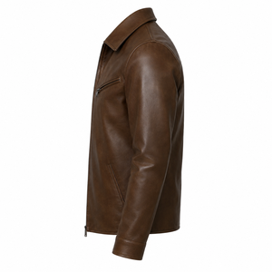 Men’s Premium Brown PU Leather <b>Jacket</b> with Turn Down Collar, Zip Front, Side Pockets and <b>Smart</b> Streetwear Style - Product Image 4