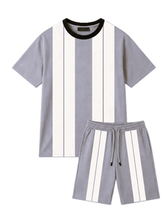 Ensemble T-shirt et short rayés en coton pour homme, col rond, décontracté, pour l'été, en tissu tricoté respirant, articles tendance 2026 - Product Image 4