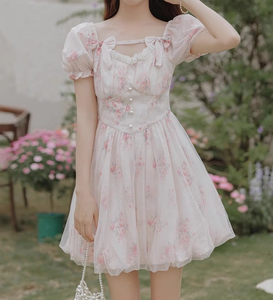 Sweet Floral Chiffon Midi <b>Dress</b> With Puff Sleeves Square Neckline A-Line Casual Summer <b>Dress</b> - Product Image 4