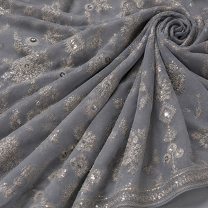 Grey Embroidered Organza Sari <b>Fabric</b> With <b>Sequin</b> Details For Women Party Wear Designer Garments Bridal Wear - Product Image 4