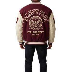 Chaqueta Varsity con Capucha Color Crema Marrón, Parche en V, Bordado con Escudo Universitario, Chaqueta Letterman de Lana, Ropa Retro de Béisbol para Estadio - Product Image 2