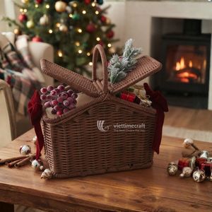 Handmade Woven Rattan Rectangle Eco-Friendly Storage <b>Basket</b> <b>with</b> <b>Lids</b> and Red Velvet Bows Christmas Decoration - Product Image 4