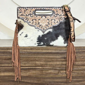 Nuevo Bolso de Lujo de Gran Capacidad de Cuero Genuino Grabado a Mano con Cremallera y Flecos, Tipo Bandolera, con Cartera Bifold y Clutch, Set de Dos Piezas - Product Image 5