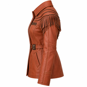 Abrigo de cuero genuino para mujer, estilo occidental, con cinturón y flecos, color óxido terracota, a medida, oferta de proveedor OEM - Product Image 4