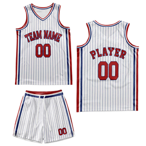 Conjunto de Uniforme de Baloncesto Retro Personalizado con Rayas Blancas, Jersey y Pantalones Cortos con Ribete Rojo y Azul, Diseño Retro con Nombre y Número del Equipo - Product Image 2