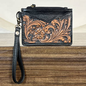 กระเป๋าสตางค์หนังแท้ลายดอกไม้สลักลายหรูหราสั่งทำแบรนด์โรงงานพร้อมซิปขนาดเล็กสำหรับใส่เหรียญและบัตร ATM พร้อมสายคล้องข้อมือสำหรับผู้หญิง - Product Image 3