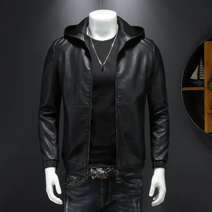 Custom Black PU Leather Formal Hooded Zip up Loose Fit Coated <b>Jacket</b> Men OEM ODM Supplier - Product Image 1